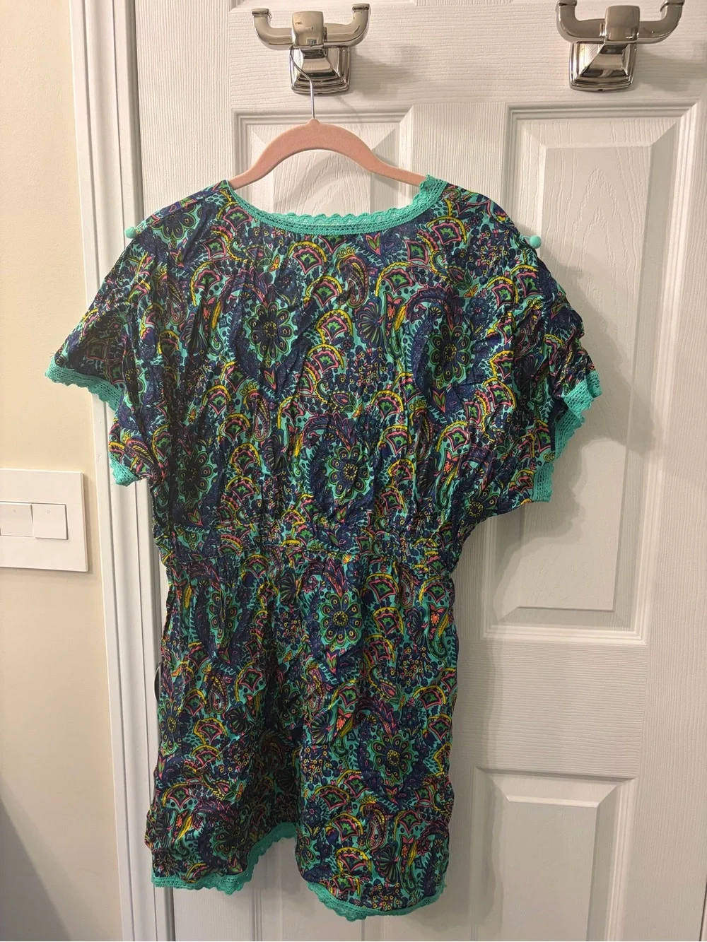Boho Teal Pom-Pom V-Neck Swimsuit Cover up.